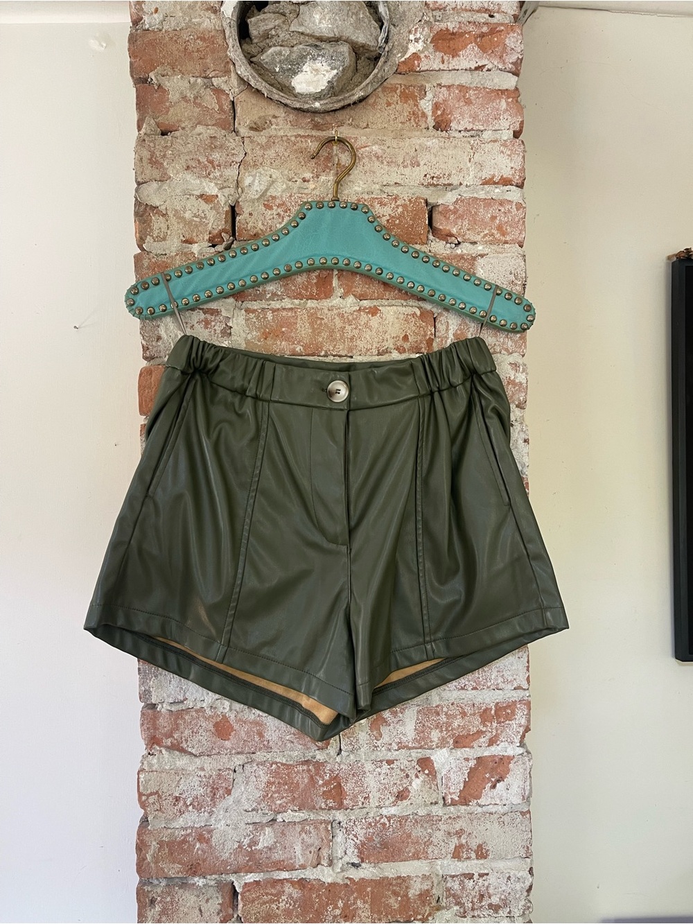 High-Waist Olive Green Faux Leather Shorts with Button Waist